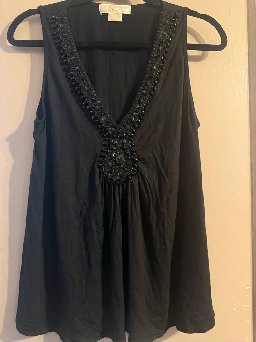 Michael Kors Black Beaded V-Neck Sleeveless Tank